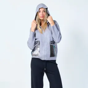 Stylish hoodie with sequin pockets wholesale