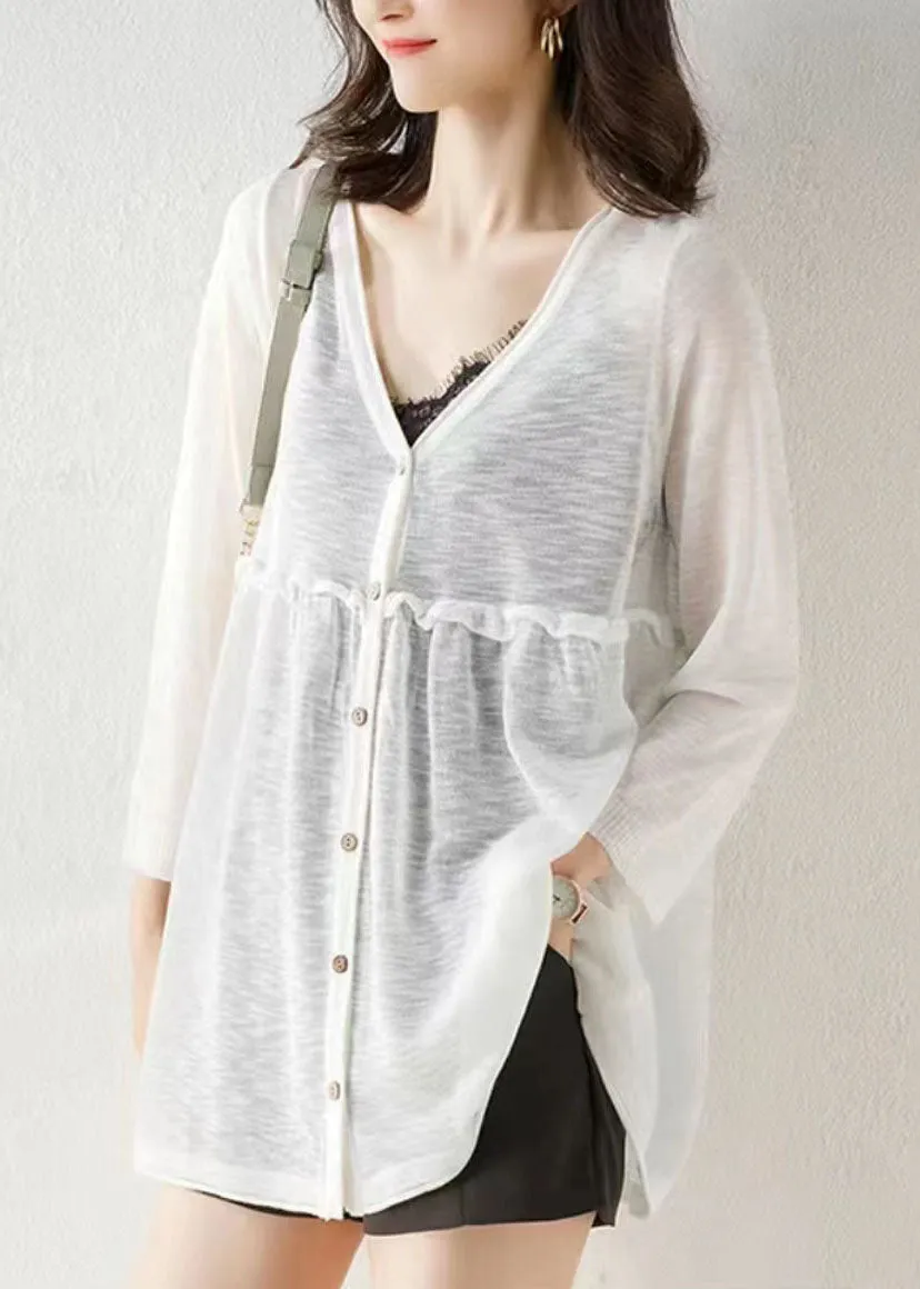 Stylish White V Neck Button Patchwork Knit Cardigan Bracelet Sleeve