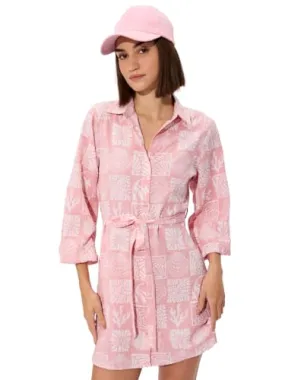 The Souled Store Marina Women and Girls Long Sleeves Collared Neck Button Front Pink All Over Printed Polyester Mini Shirt Dresses