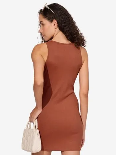 The Souled Store Solids: Rust Red Women and Girls Sleeveless Round Neck Polyester Blend Ribbed Bodycon Dresses