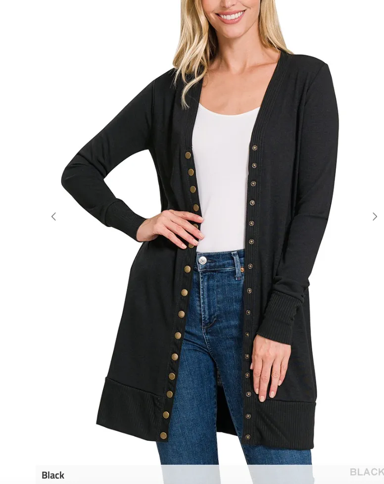 THIGH-LENGTH SNAP BUTTON CARDIGAN W/ RIBBED DETAIL - Final Sale*