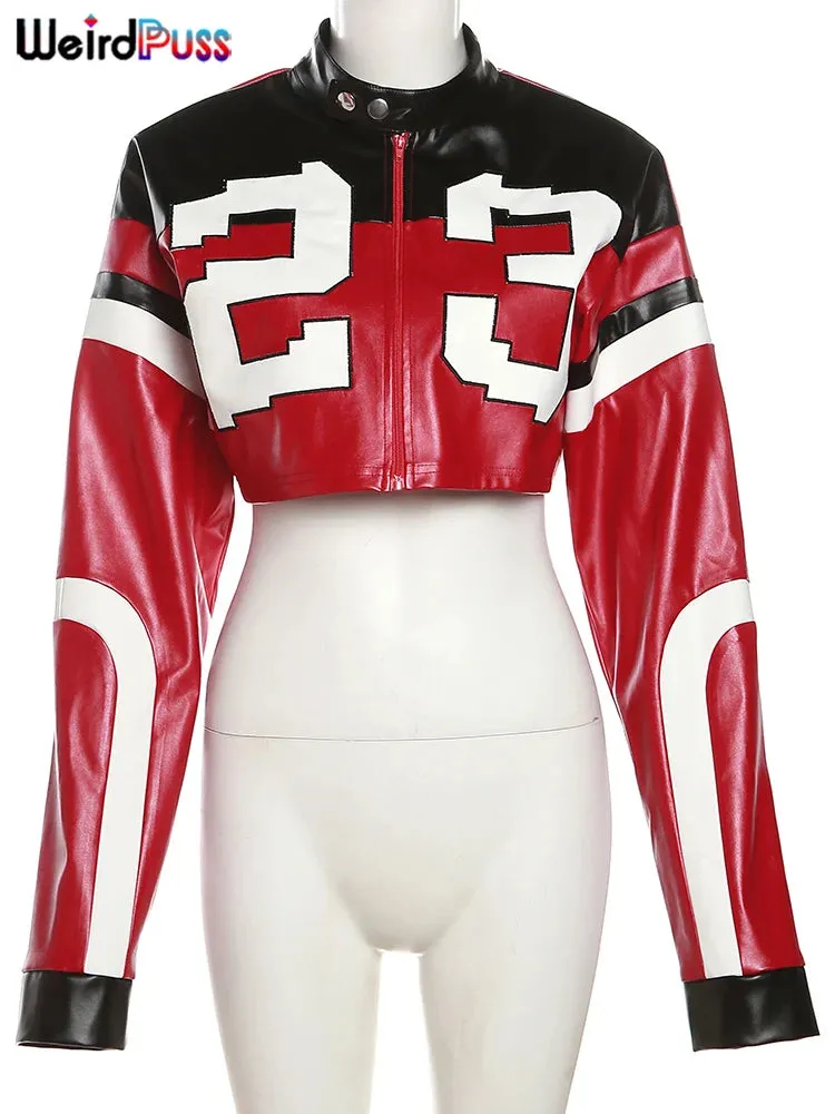 Trendy Faux Leather Varsity Sports Crop Jacket