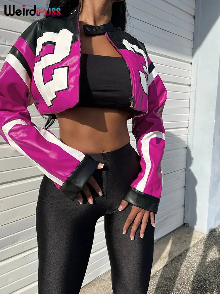 Trendy Faux Leather Varsity Sports Crop Jacket