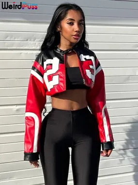 Trendy Faux Leather Varsity Sports Crop Jacket