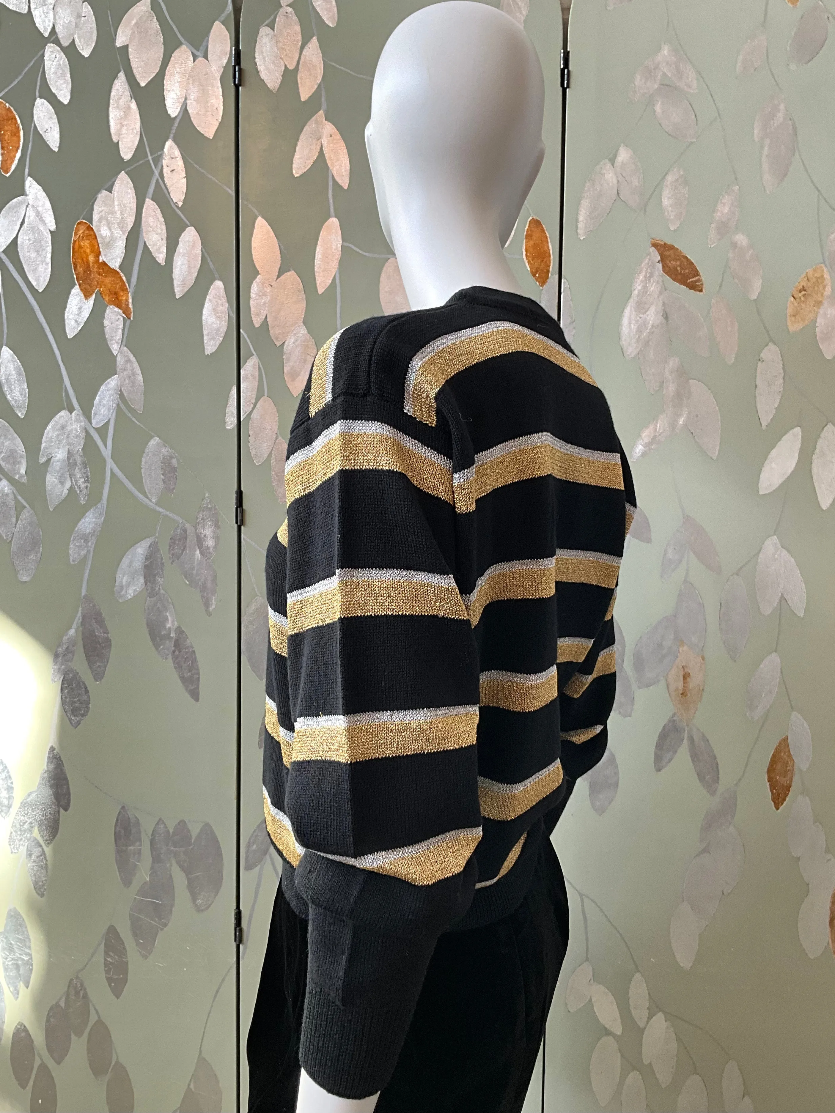 Vintage 1970s Black and Gold Stripe Long Sleeve Knit Top