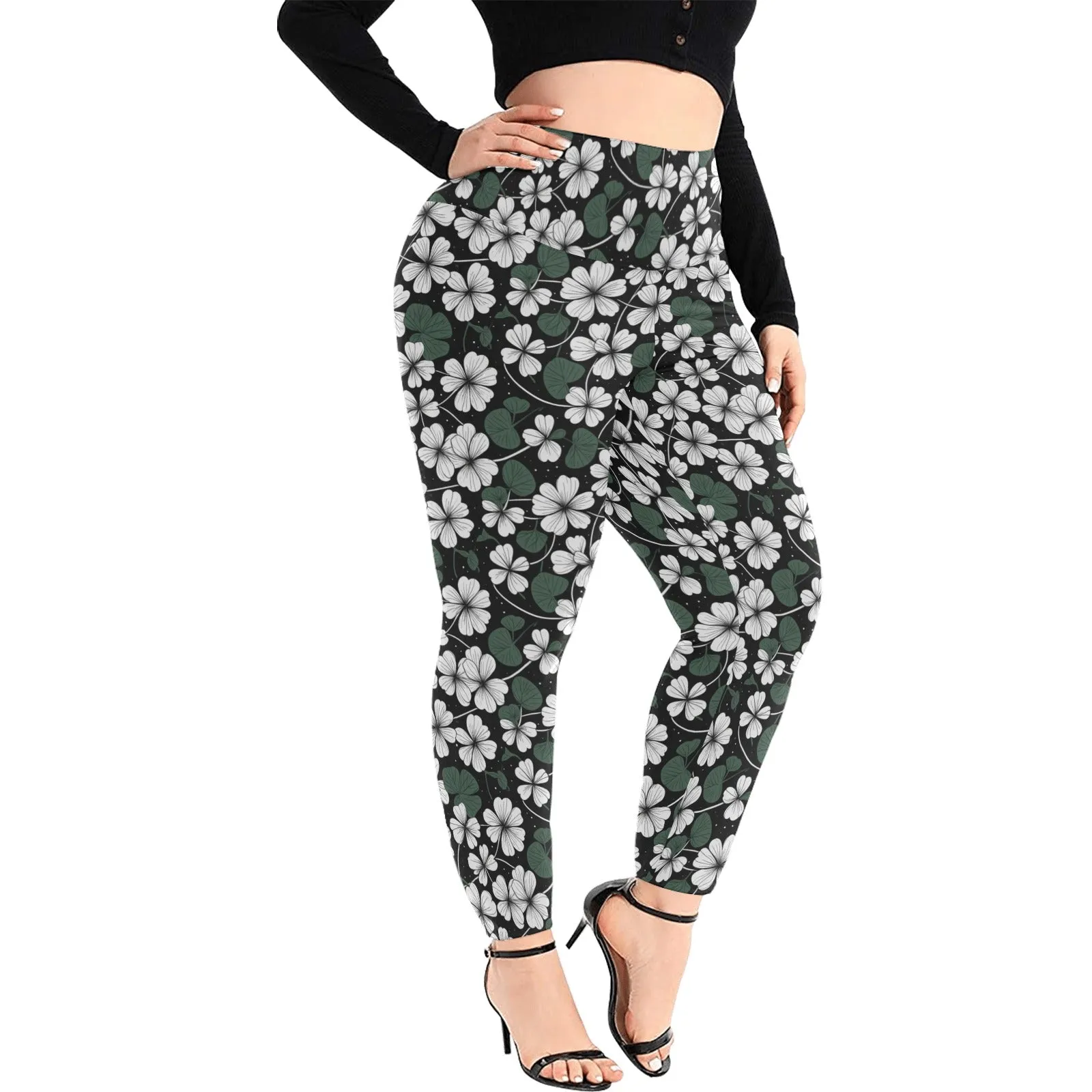 White Clover Women's Plus Size High Waited Leggings Women's High Waist Leggings(Plus Size)(ModelL45)