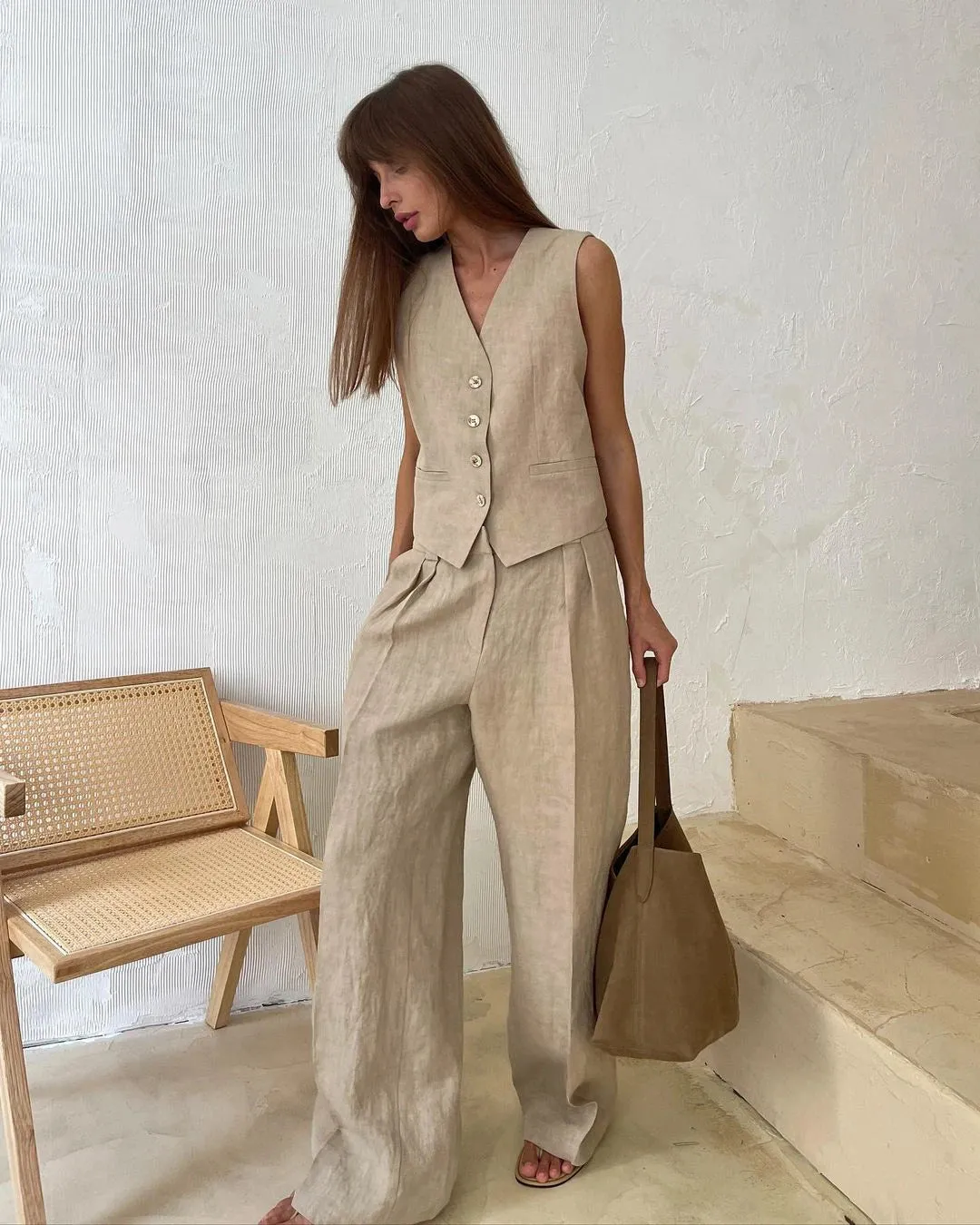 Wolfeel Womem Linen Cotton Chic Vest ＆ Pants Suit Two-Piece Set Office Ladies Summer Chic 2 Piece Sets Womens Outfits