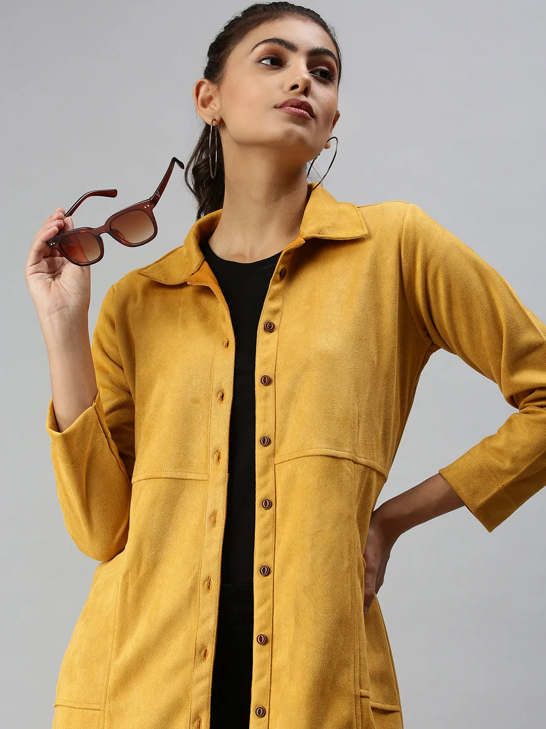 Women's Mustard Solid Duster Jacket Jackets